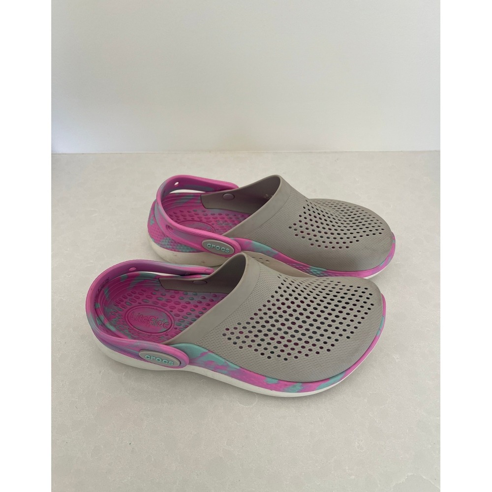 Crocs LiteRide Clogs Kids J3 Grey Pink Teal Marble Swirl Slip On‎ Shoes